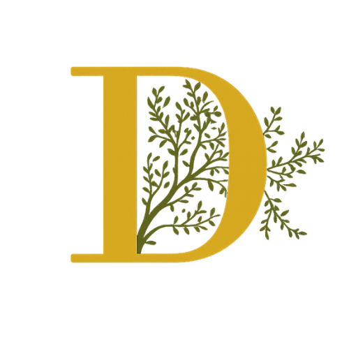 Decorative letter D with green tree branches growing from its shape