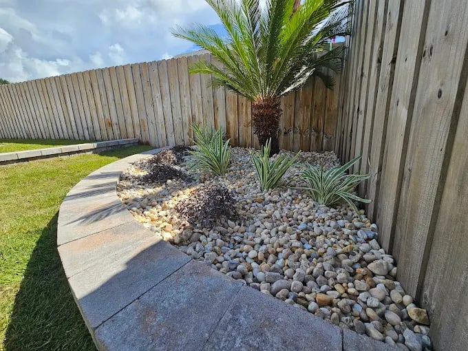 Landscaped garden corner with rocks, palm, and curved stone walkway