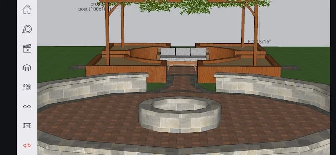 Outdoor stone patio design with circular seating area and wooden pergola